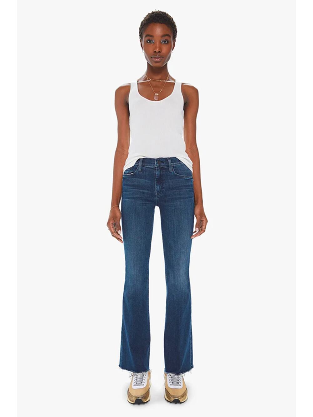 Mother The Weekender Fray Denim High Rise Flared Jeans Blue 30